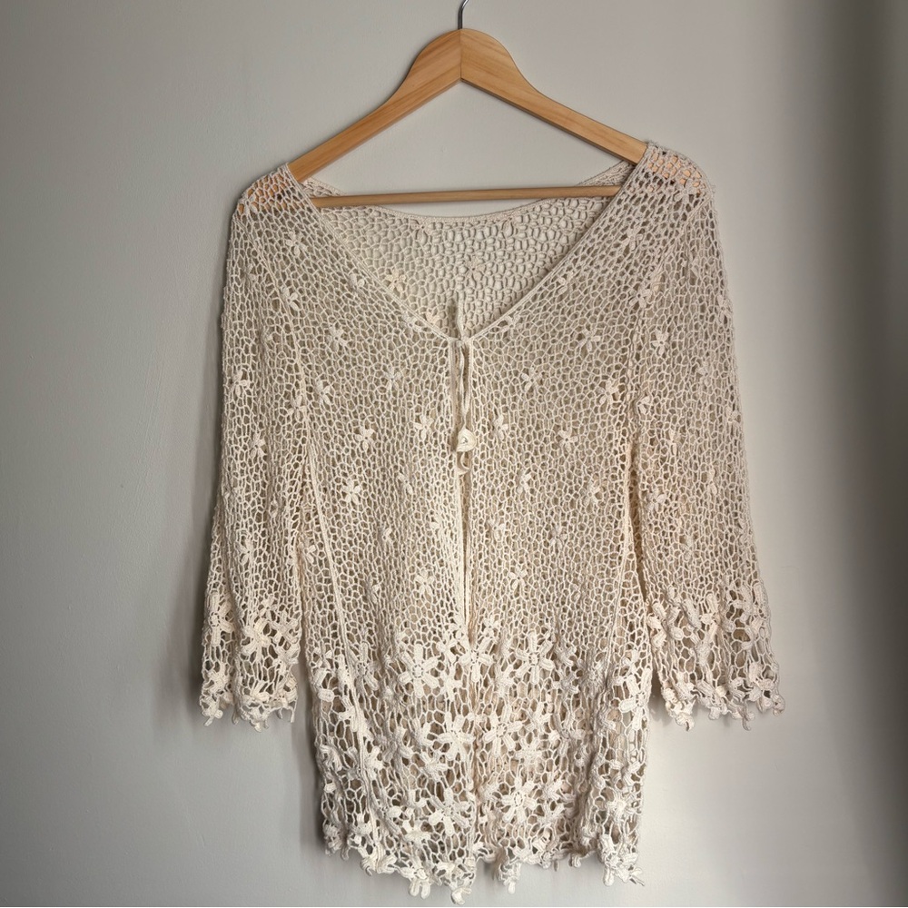 Crochet Boho Tie-Front Cardigan in Cream